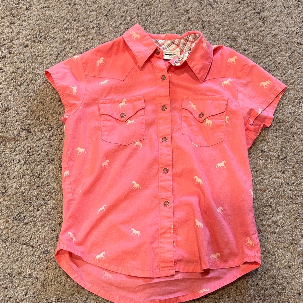 Wrangler Kids Coral Button-Up Shirt with Horse Print